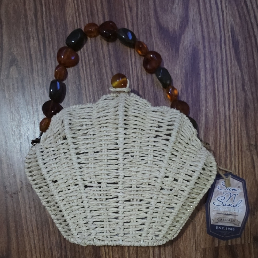 Sun N Sand Cream Woven Shell Clutch with Amber Bead Handle